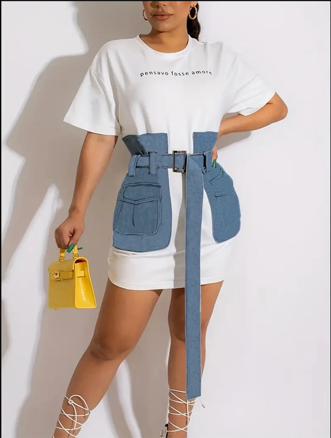 White T-shirt Dress with Denim Belt thumbnail