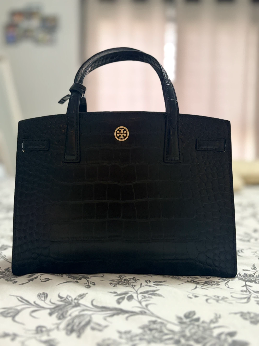 Tory Burch Black Croc Embossed Leather Handbag