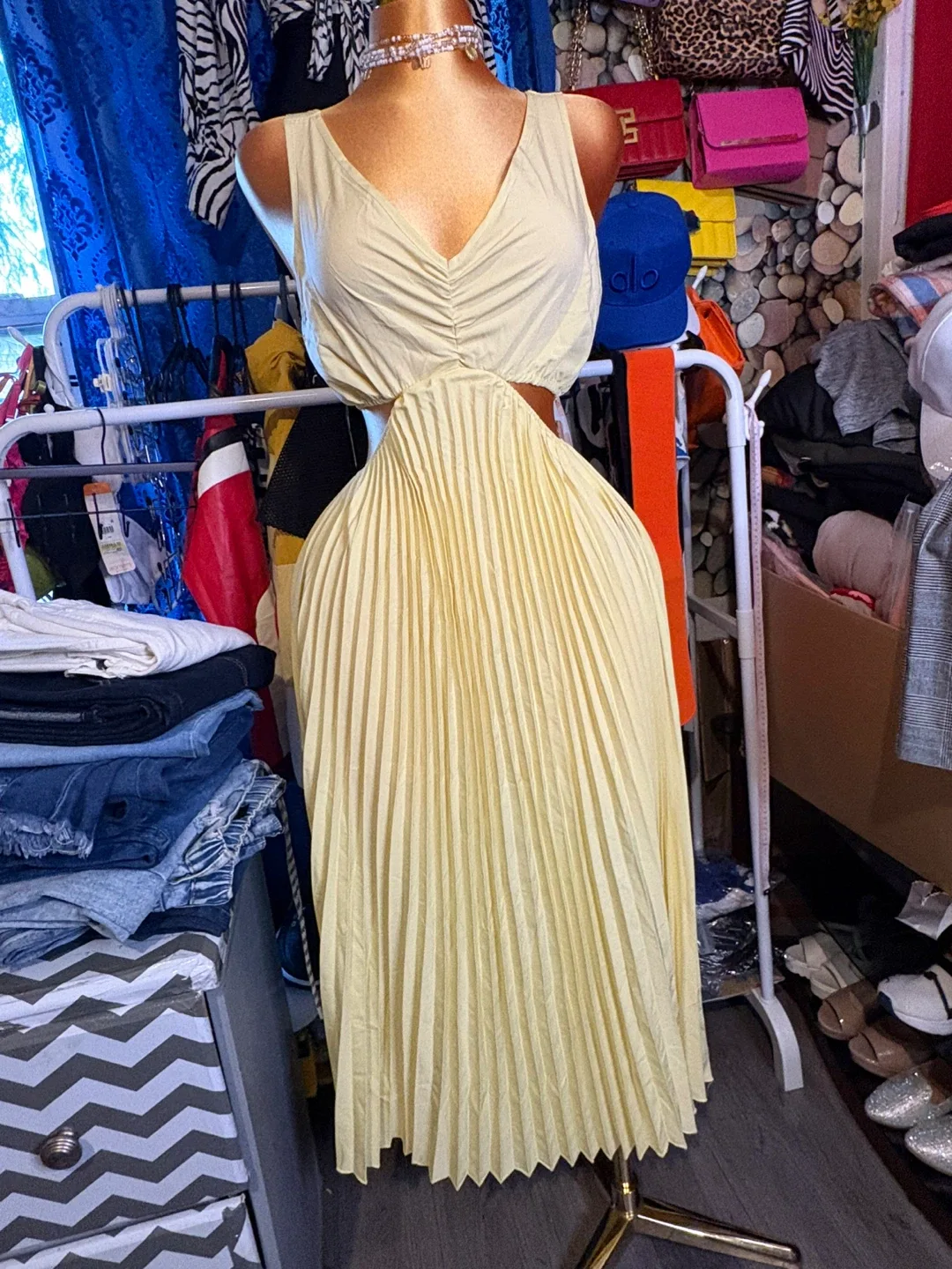 Yellow Pleated Cutout Dress thumbnail