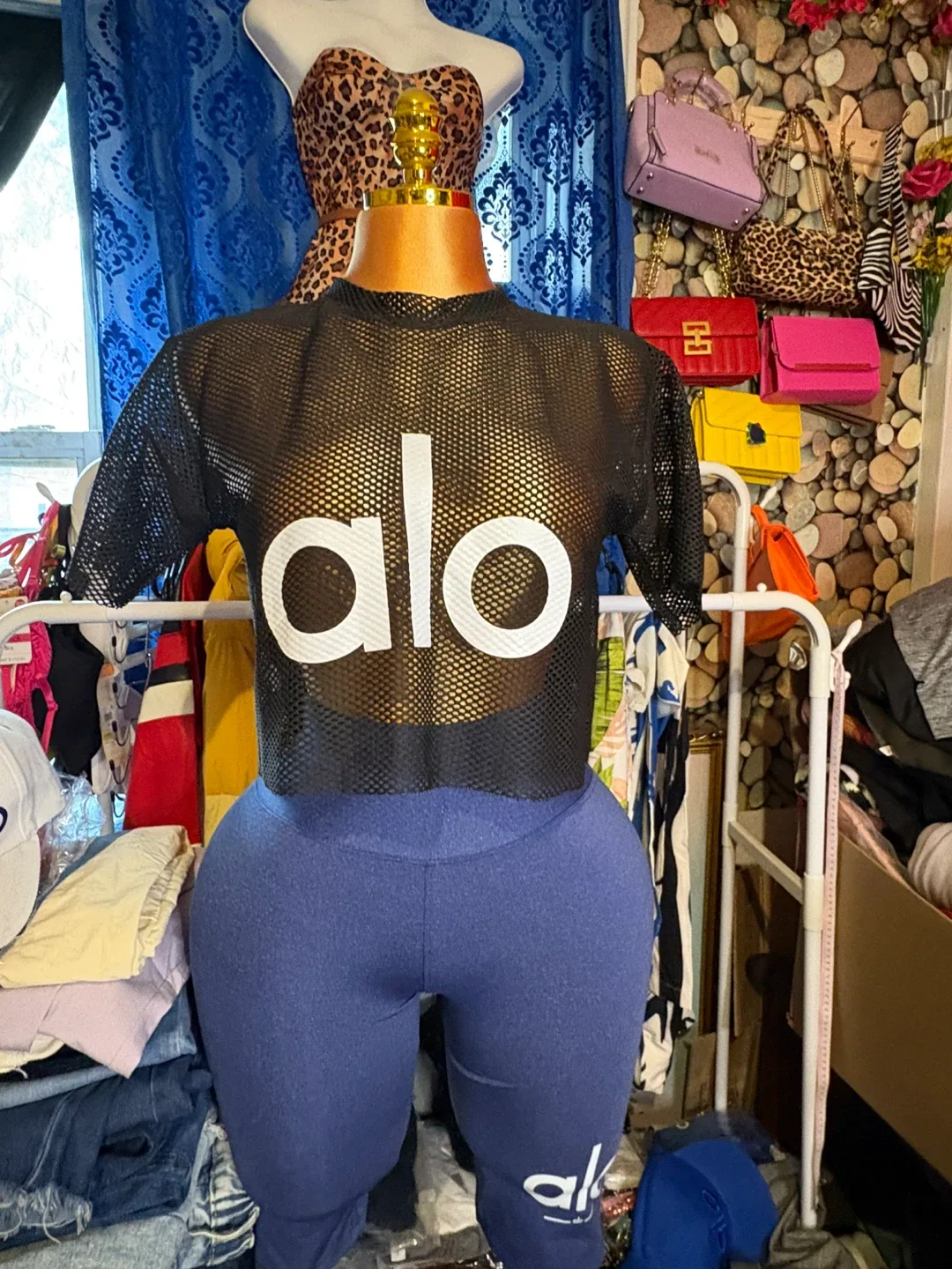 ALO Yoga Black Mesh Top & Blue Leggings Set thumbnail