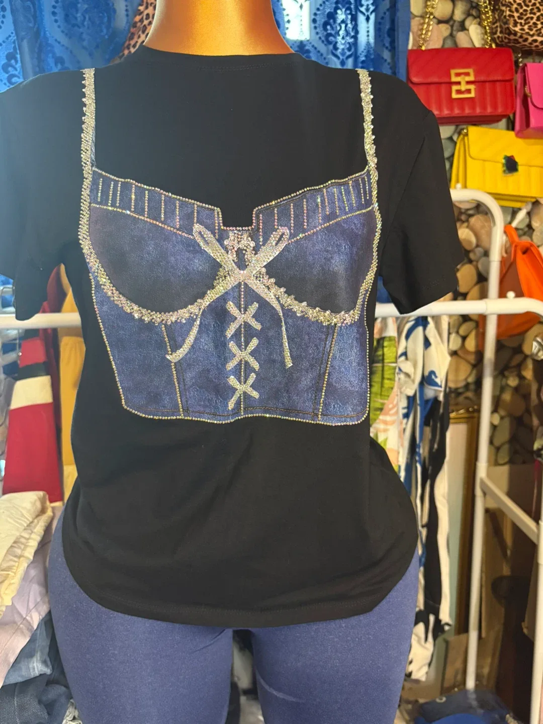 Black T-shirt with Rhinestone Corset Design thumbnail