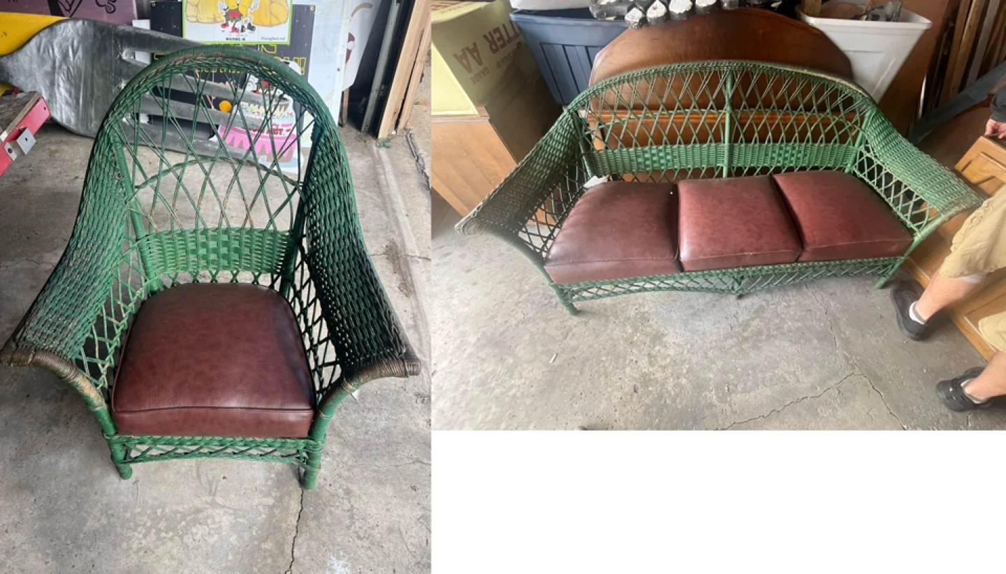 VTG Wicker Loveseat & Chair, Green & Brown