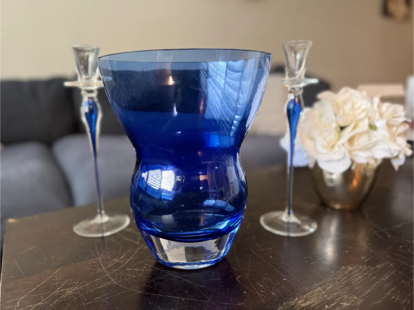 Mikasa Blue Glass Vase and Candlesticks Set thumbnail