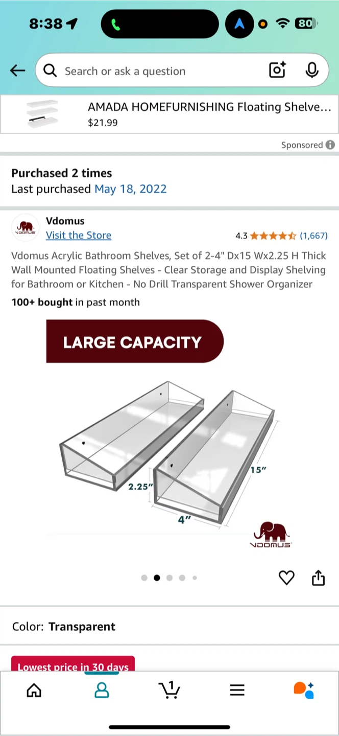 Vdomus Acrylic Bathroom Shelves, Set of 2