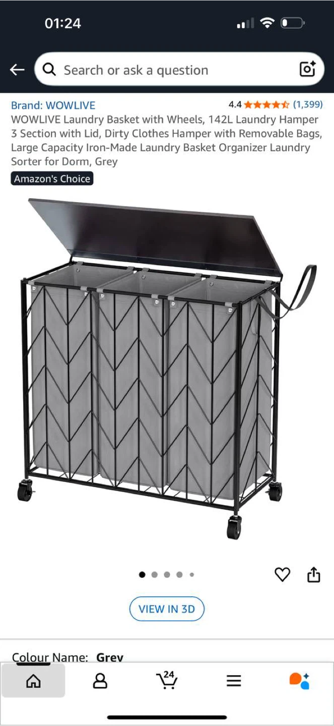 WOWLIVE Laundry Basket with Wheels – 142L 3-Section Hamper 🩶