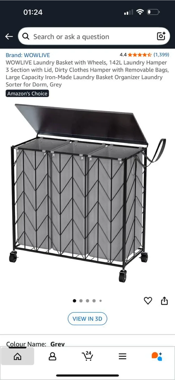 WOWLIVE Laundry Basket with Wheels – 142L 3-Section Hamper 🩶 thumbnail