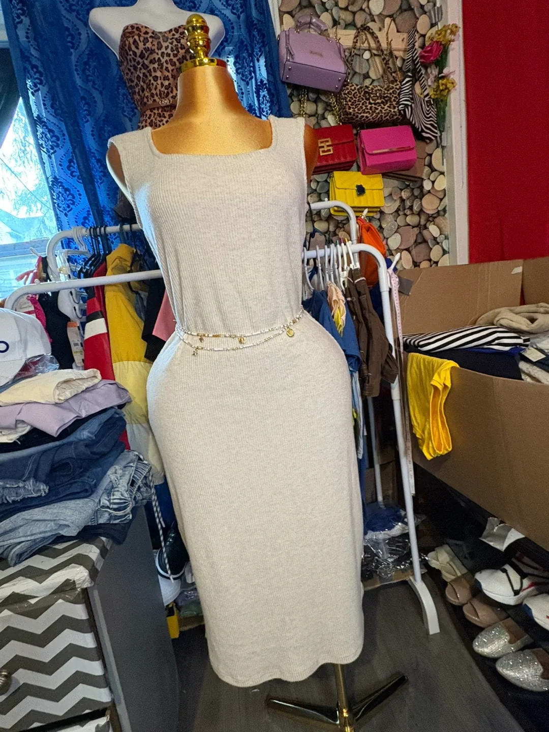 Ribbed Knit Dress - Beige/Cream thumbnail