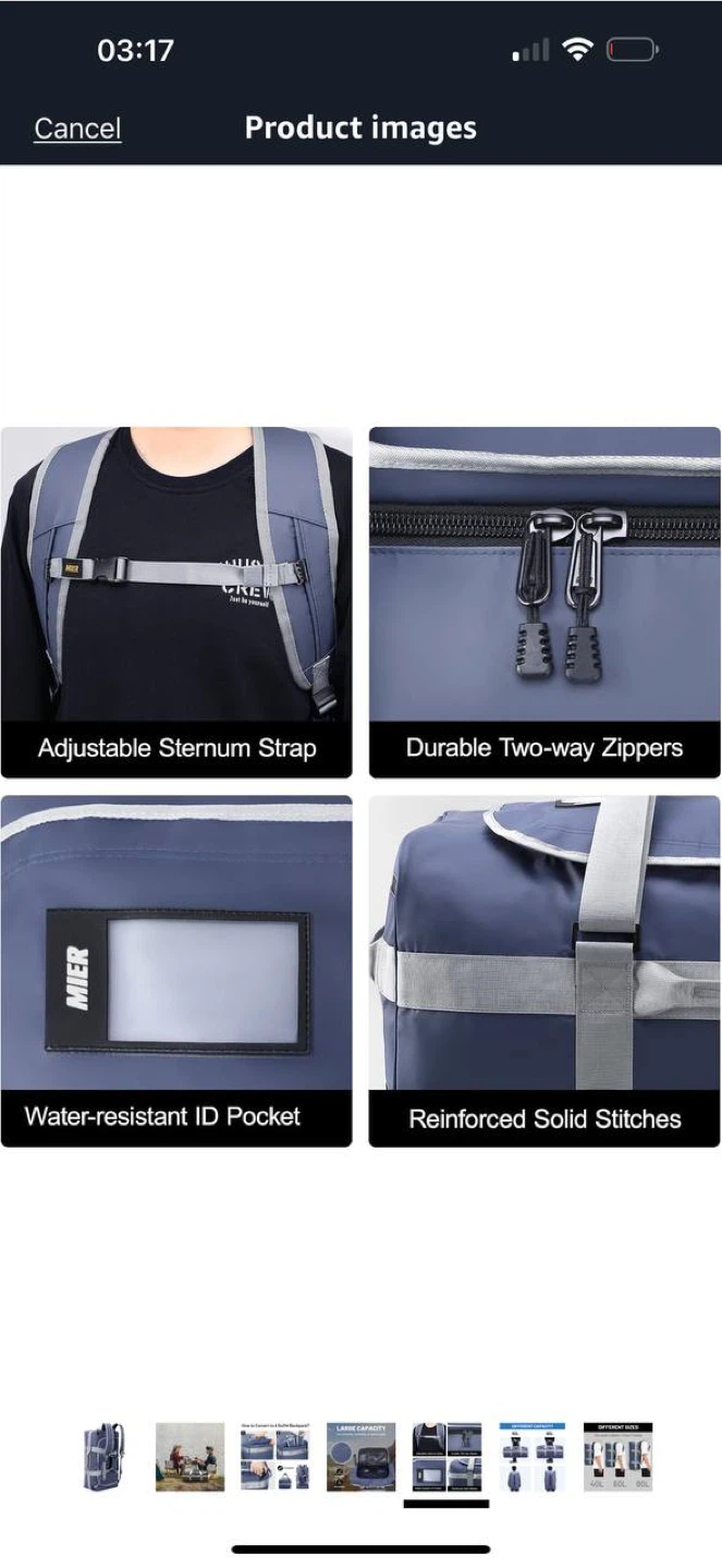 MIER Blue 60L Water Resistant Convertible Duffle Backpack - photo 3