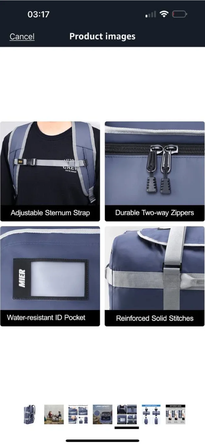 MIER Blue 60L Water Resistant Convertible Duffle Backpack image indicator(3)