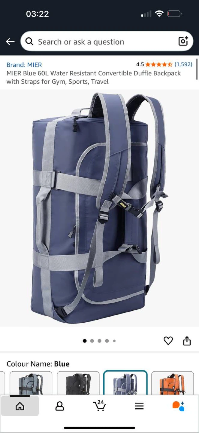 MIER Blue 60L Water Resistant Convertible Duffle Backpack
