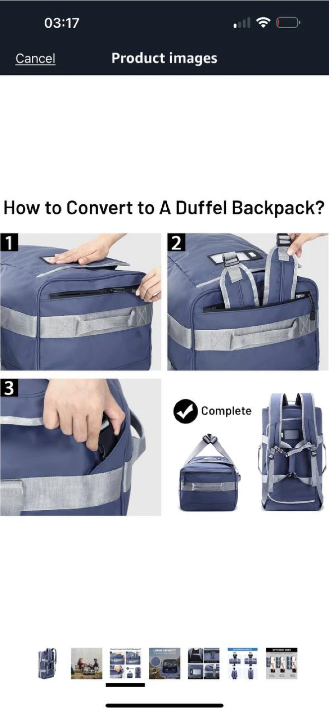 MIER Blue 60L Water Resistant Convertible Duffle Backpack - photo 4