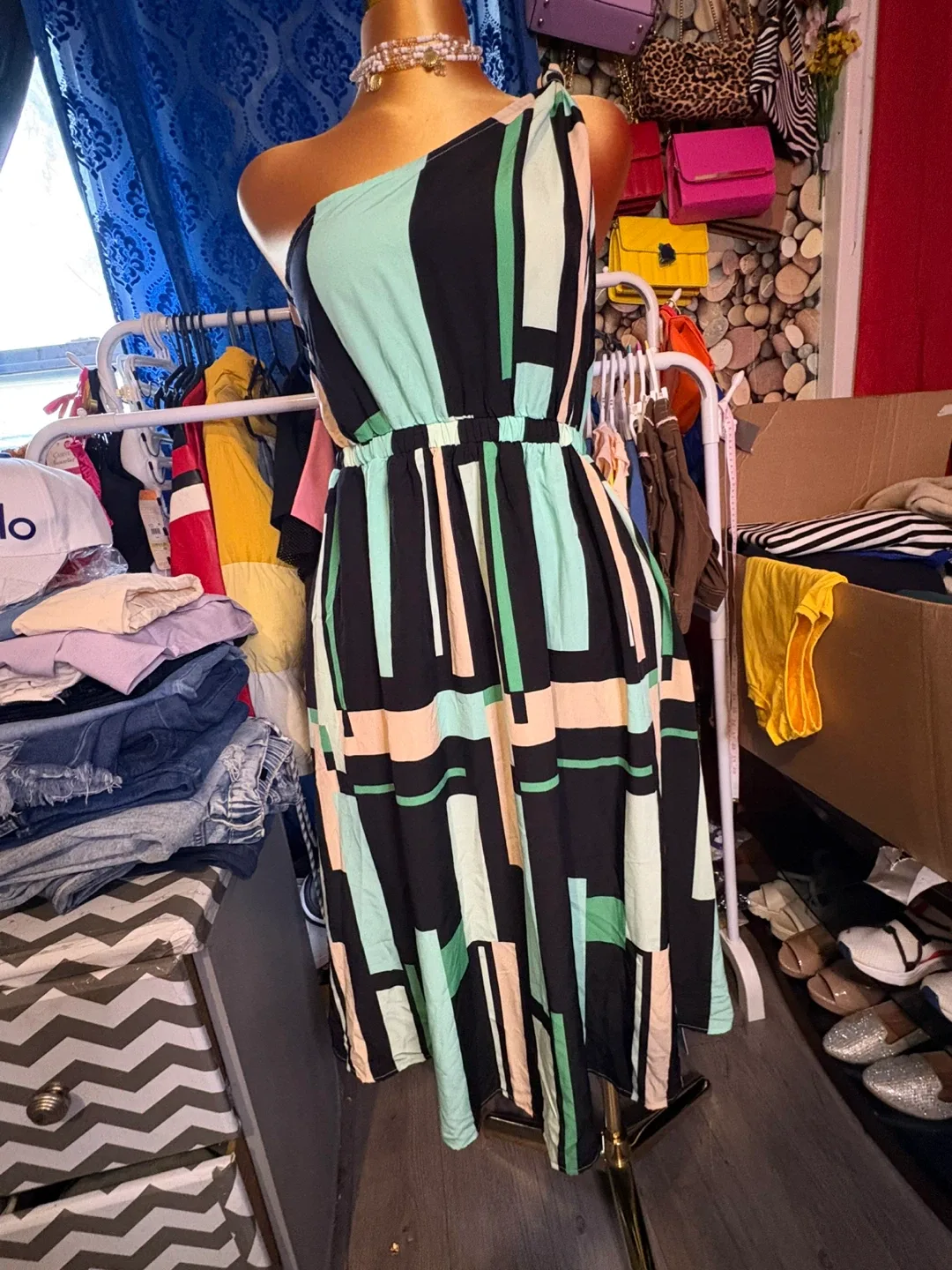 Striped One-Shoulder Midi Dress thumbnail