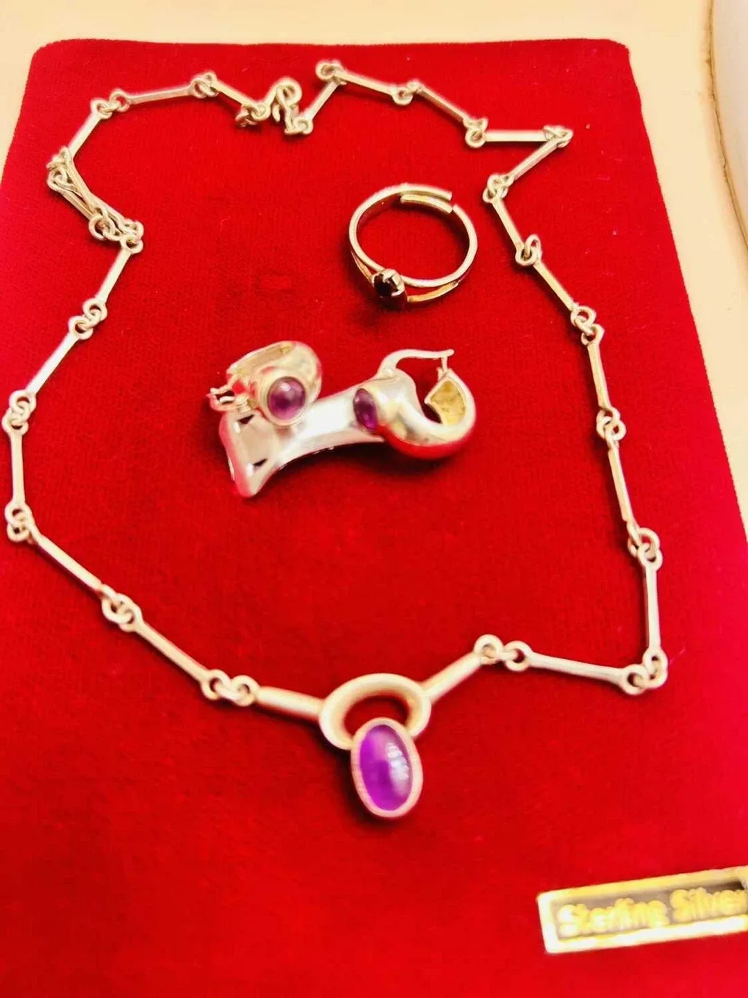Sterling Silver 925 Necklace, earrings, Ring w purple stones