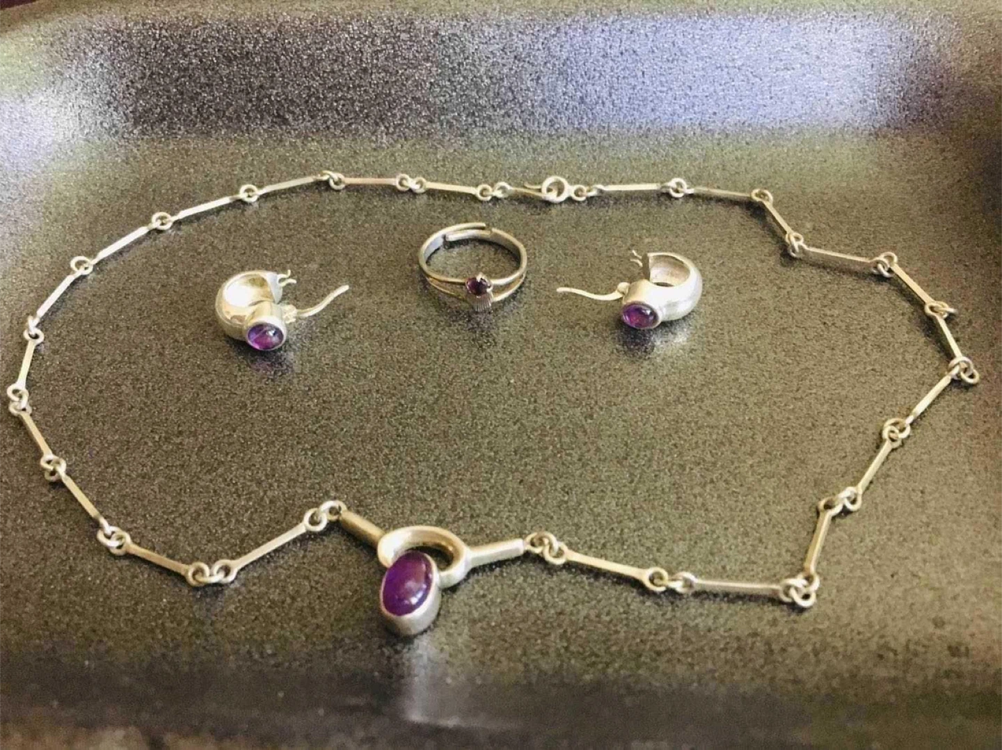 Sterling Silver 925 Necklace, earrings, Ring w purple stones - photo 3