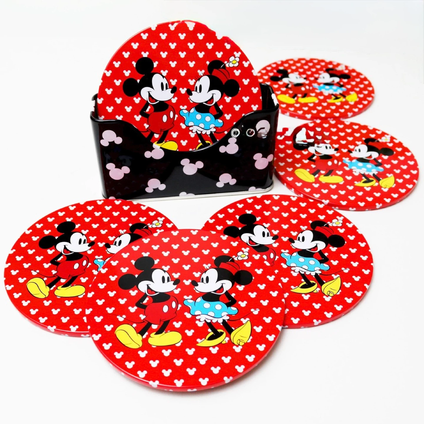 DISNEY Mickey Mouse & Minnie Mouse Coaster set of x6 + holder!