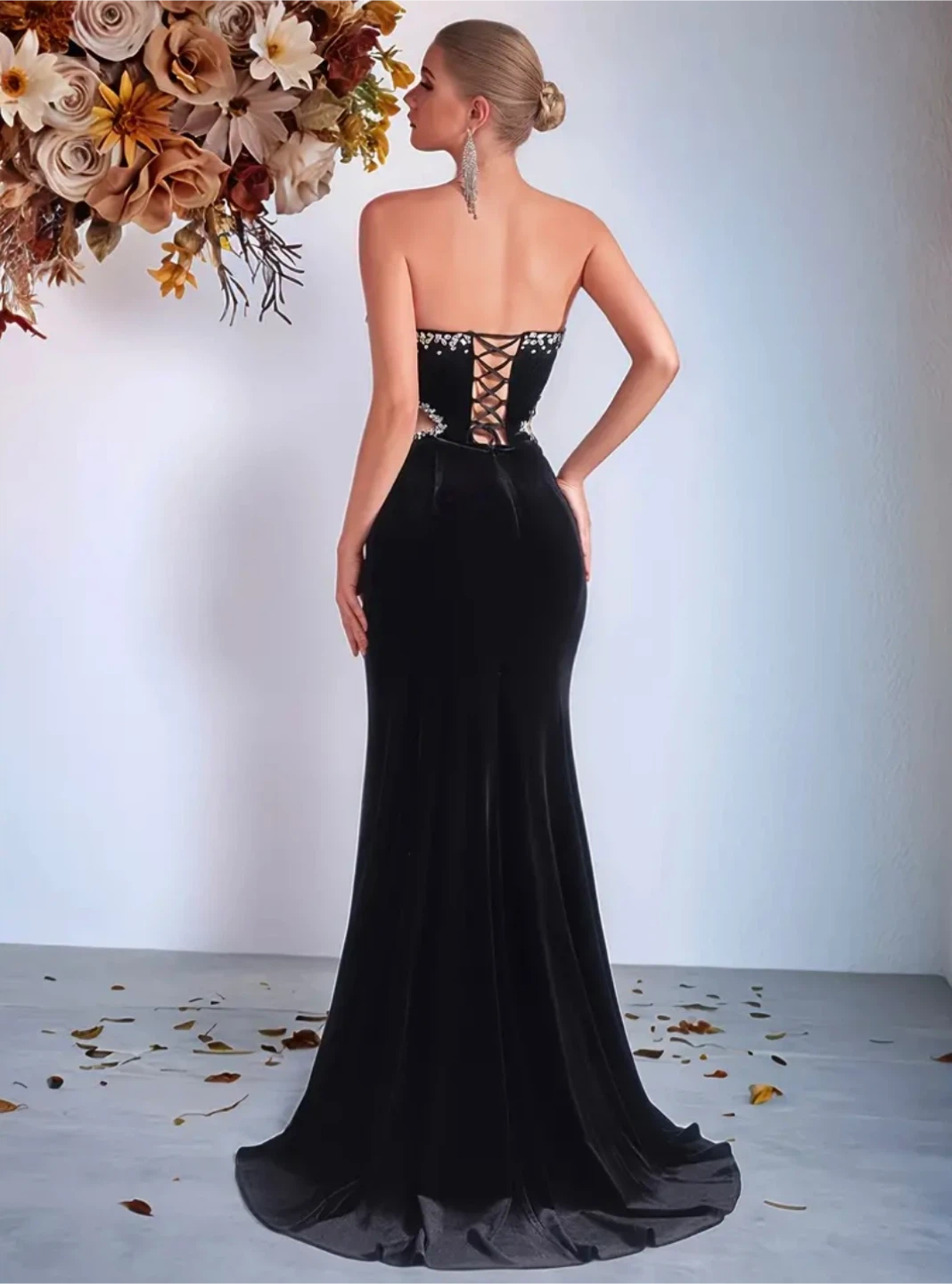 Black Strapless Corset Velvet Evening Dress - photo 2