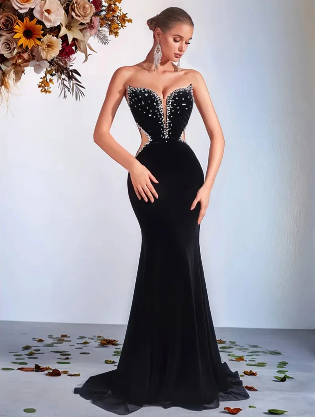 Black Strapless Corset Velvet Evening Dress - photo 3