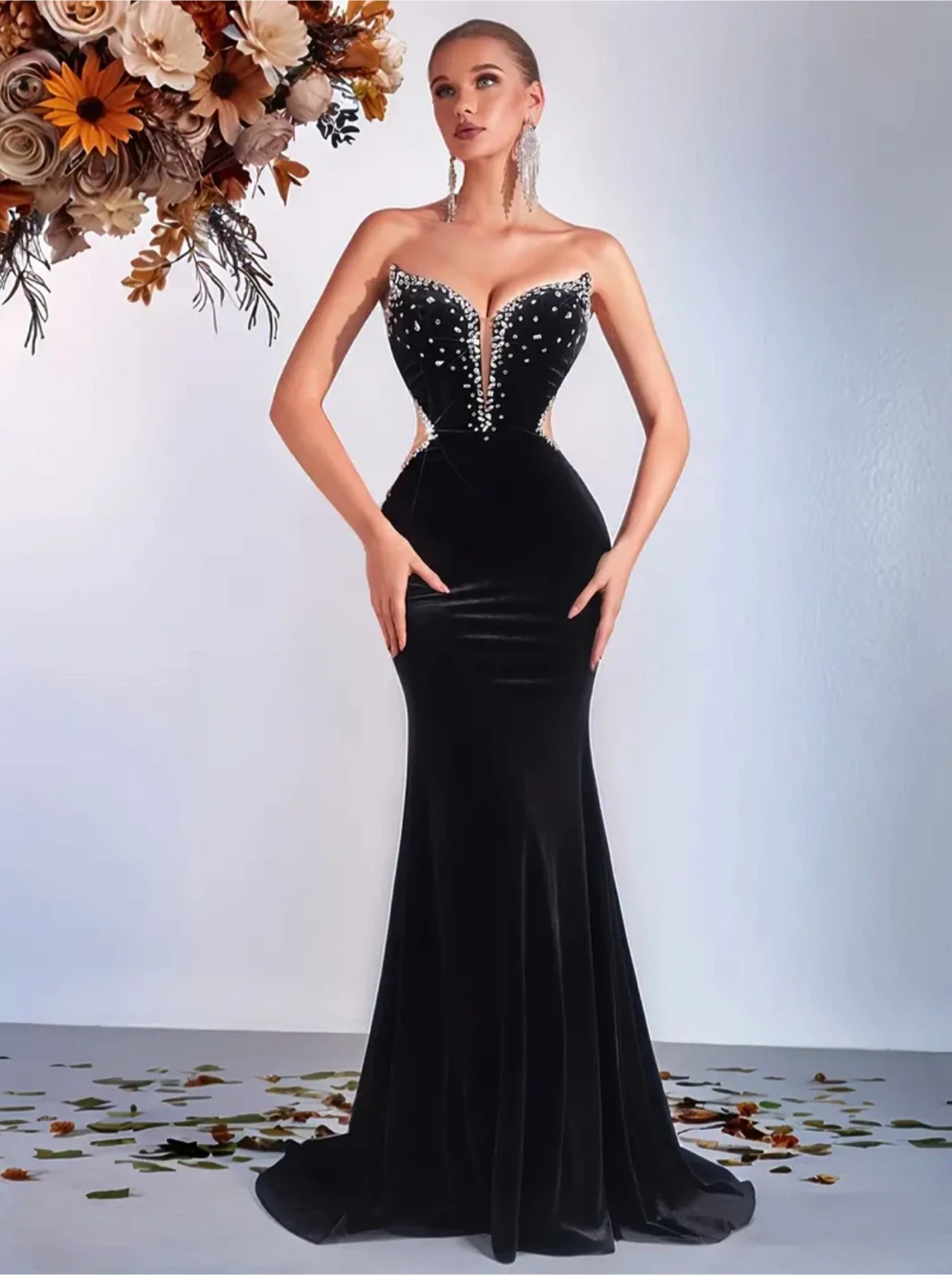 Black Strapless Corset Velvet Evening Dress