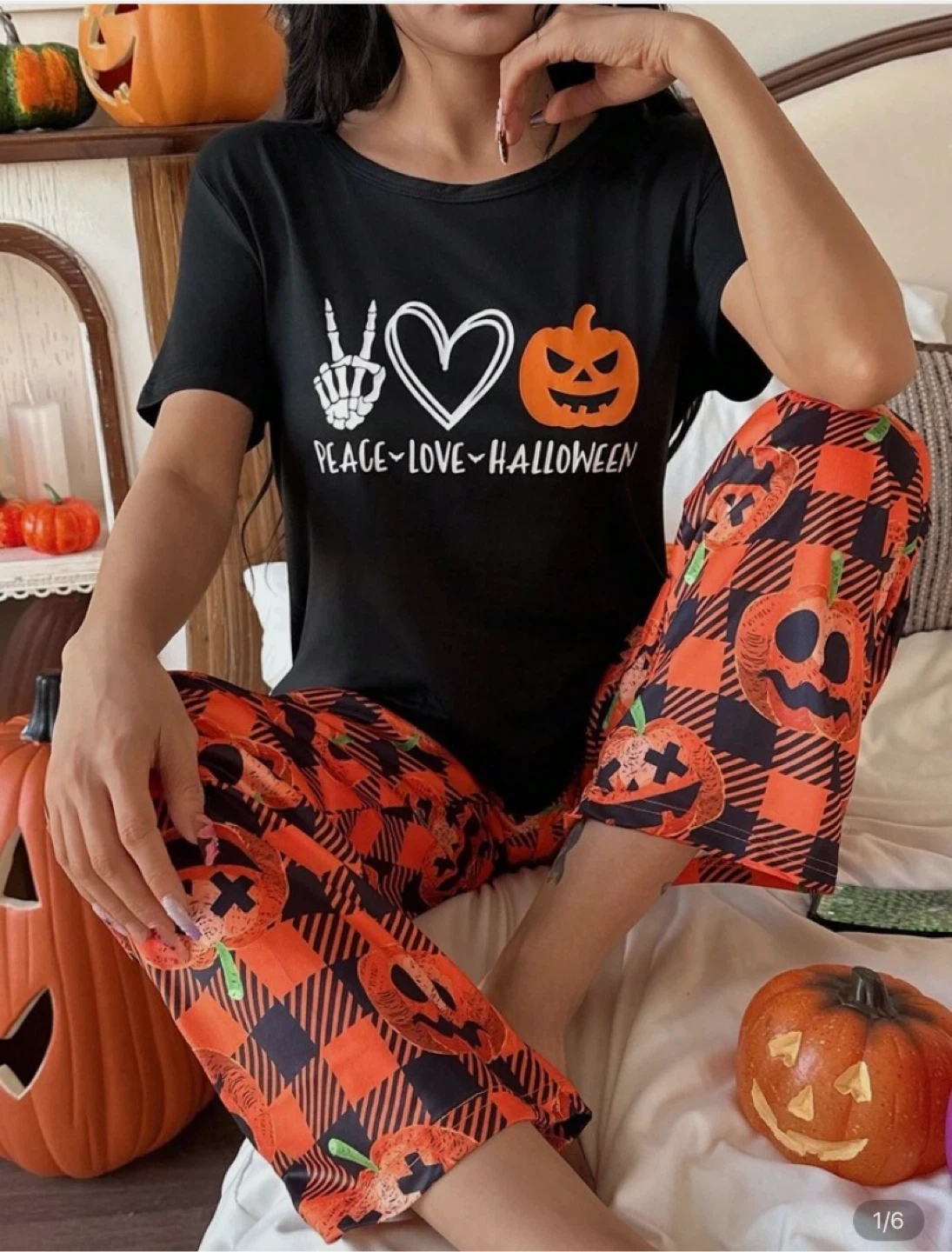 SHEIN Halloween Pumpkin Plaid Pajama Set - Size M