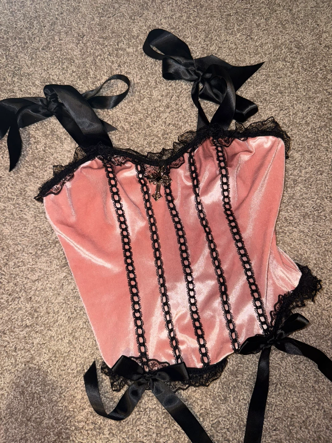 Pink Velvet Corset Top with Black Lace - photo 2