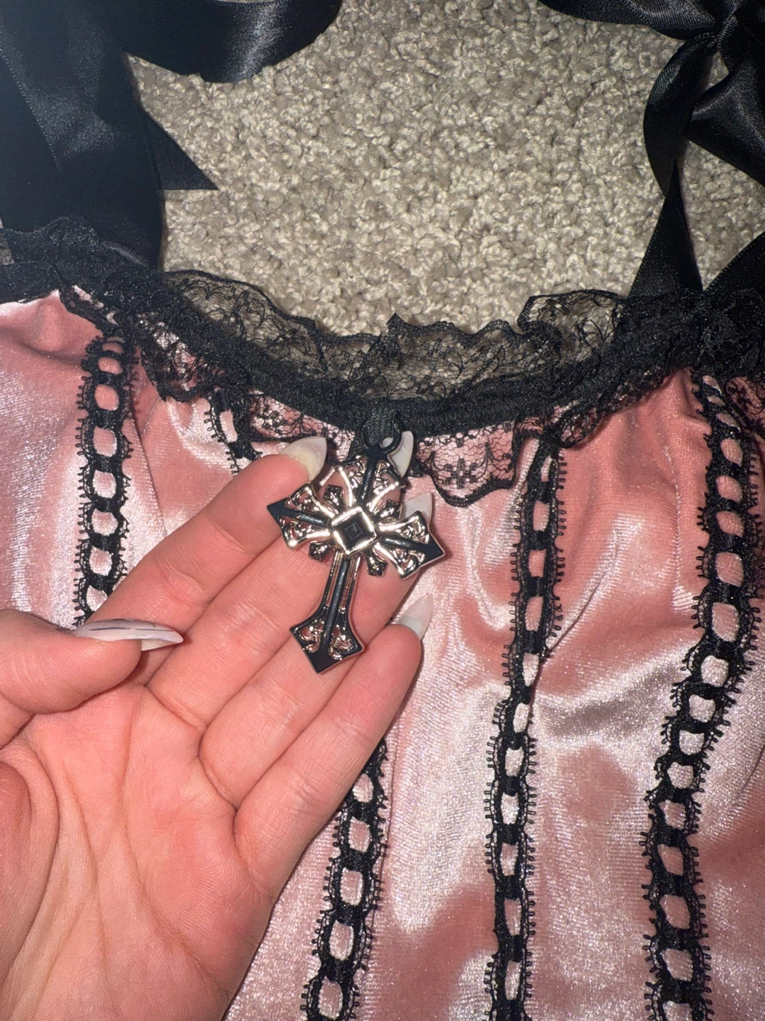 Pink Velvet Corset Top with Black Lace - photo 3