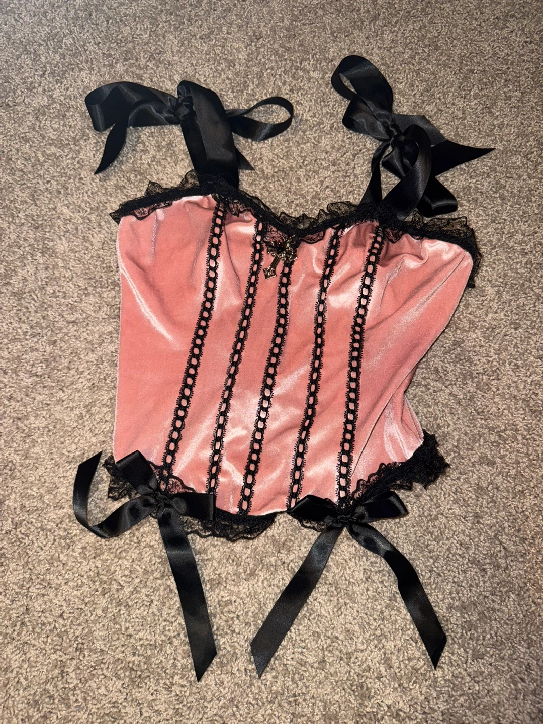 Pink Velvet Corset Top with Black Lace