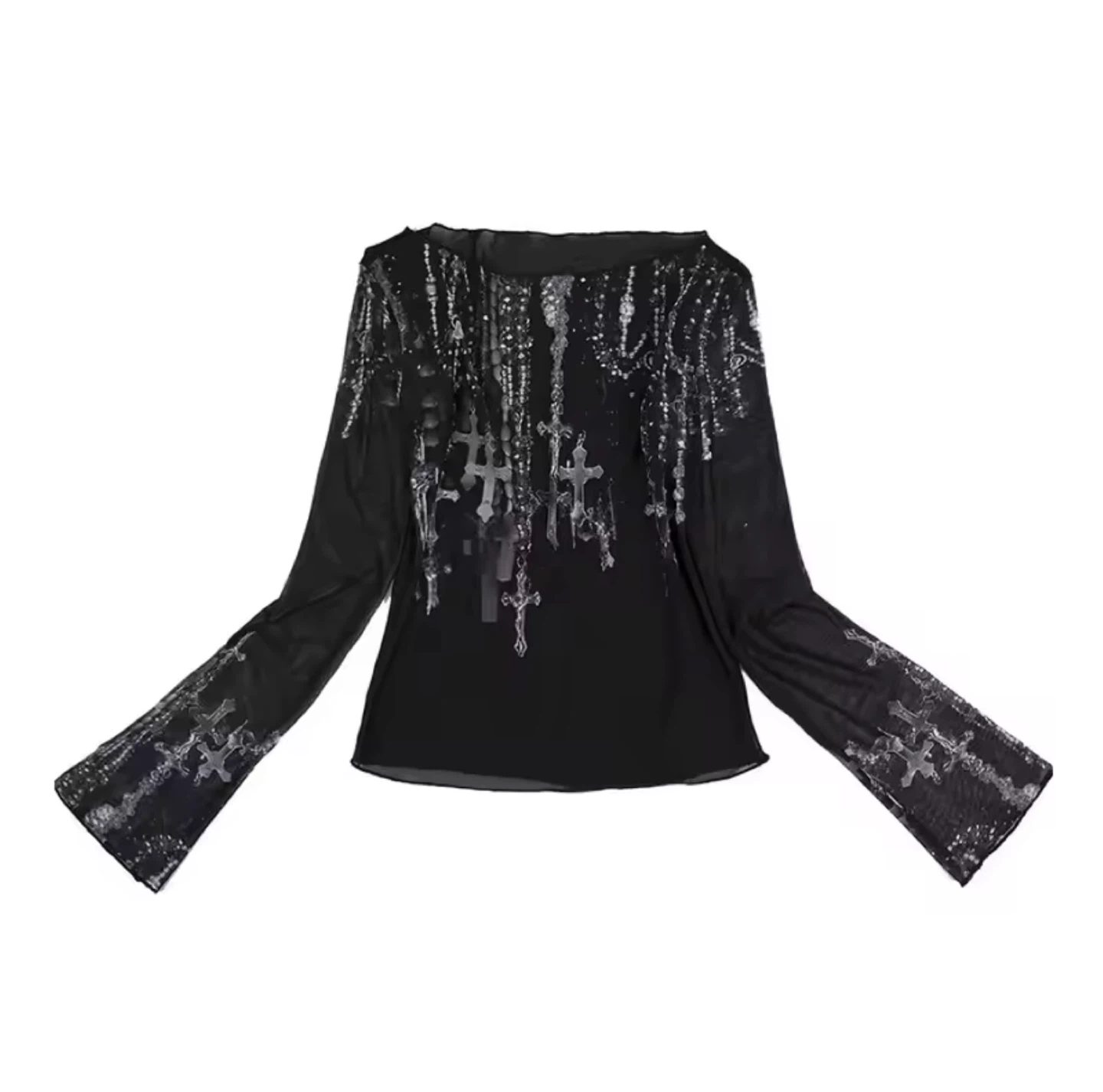 Black Mesh Long Sleeve Top with Cross Design
