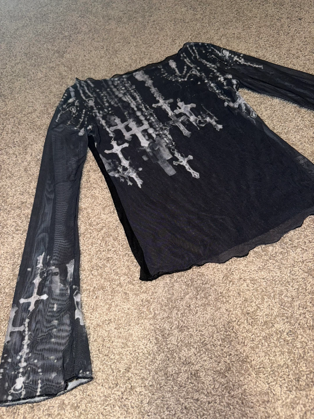 Black Mesh Long Sleeve Top with Cross Design - photo 4