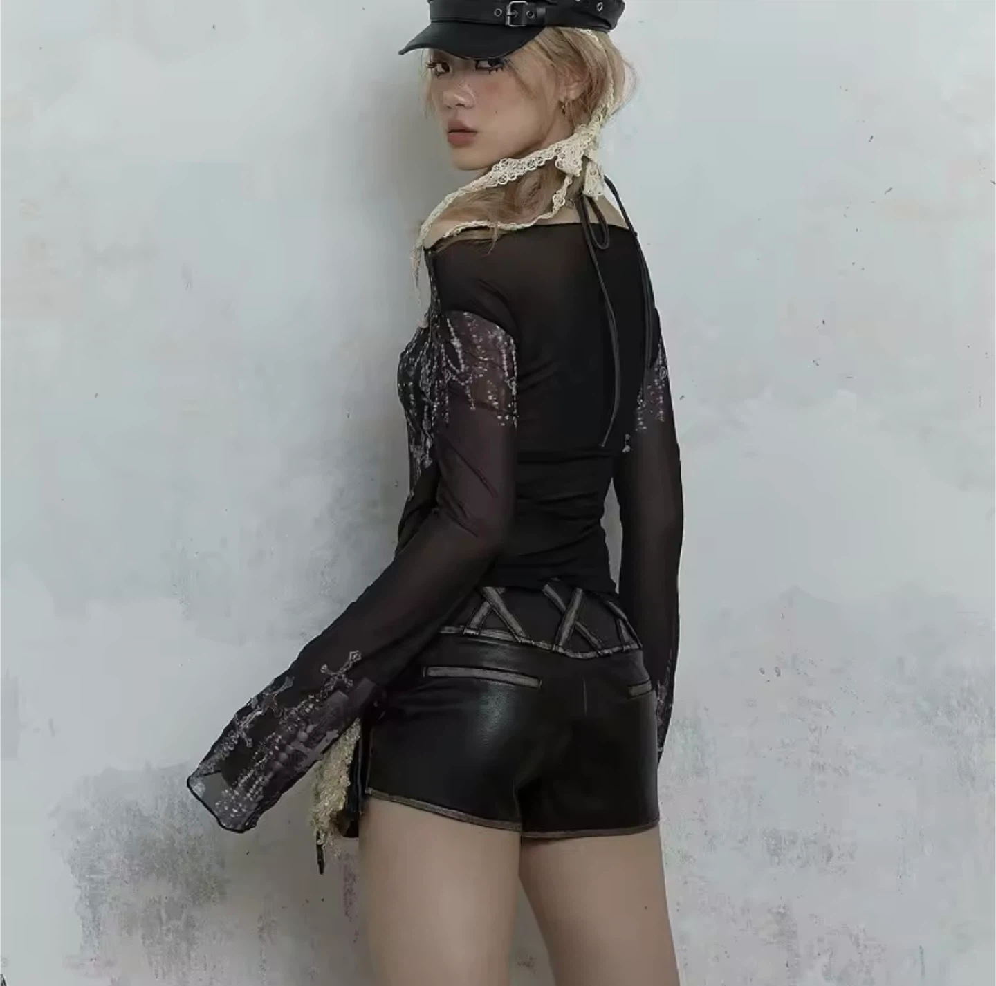 Black Mesh Long Sleeve Top with Cross Design - photo 3