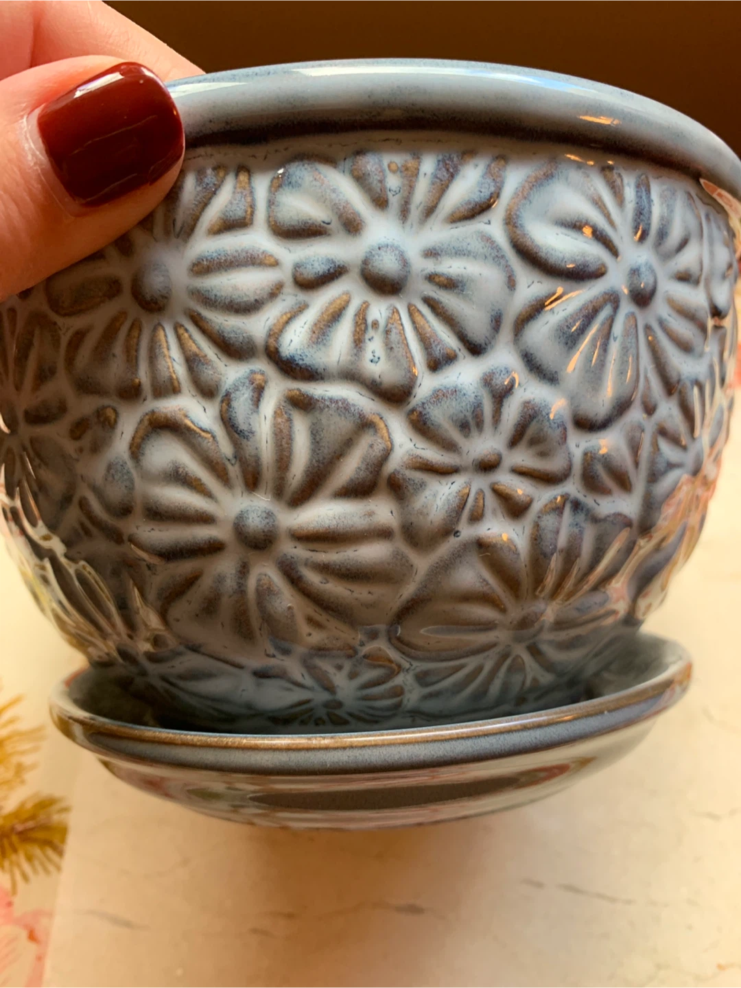 Light Blue Ceramic Flower Pot with Saucer - photo 4