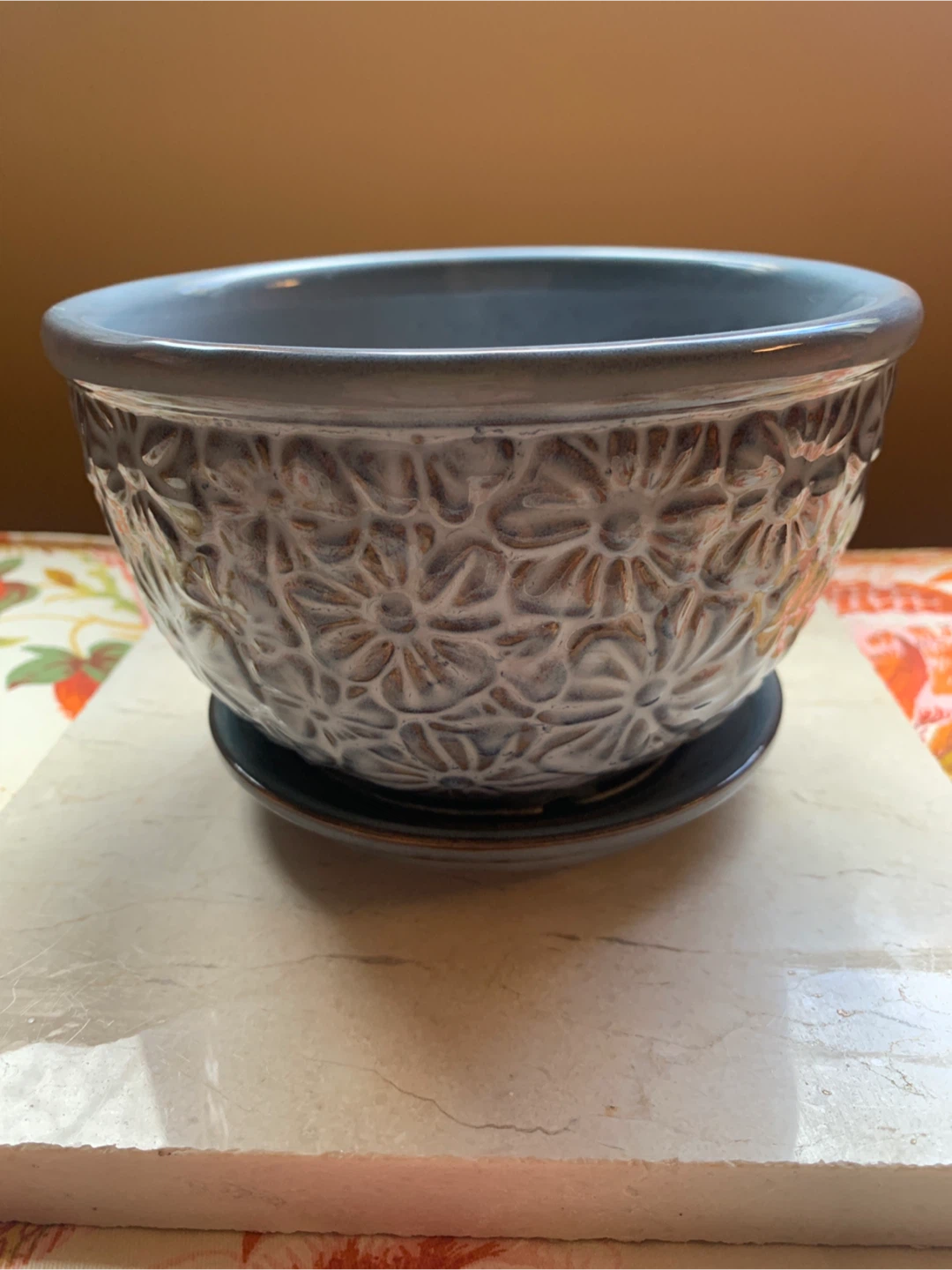 Light Blue Ceramic Flower Pot with Saucer