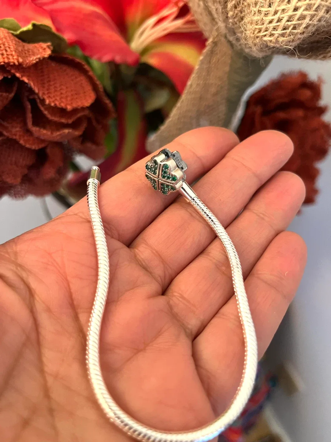 Pandora style Silver plated Bracelet with Clover Charm image indicator(4)