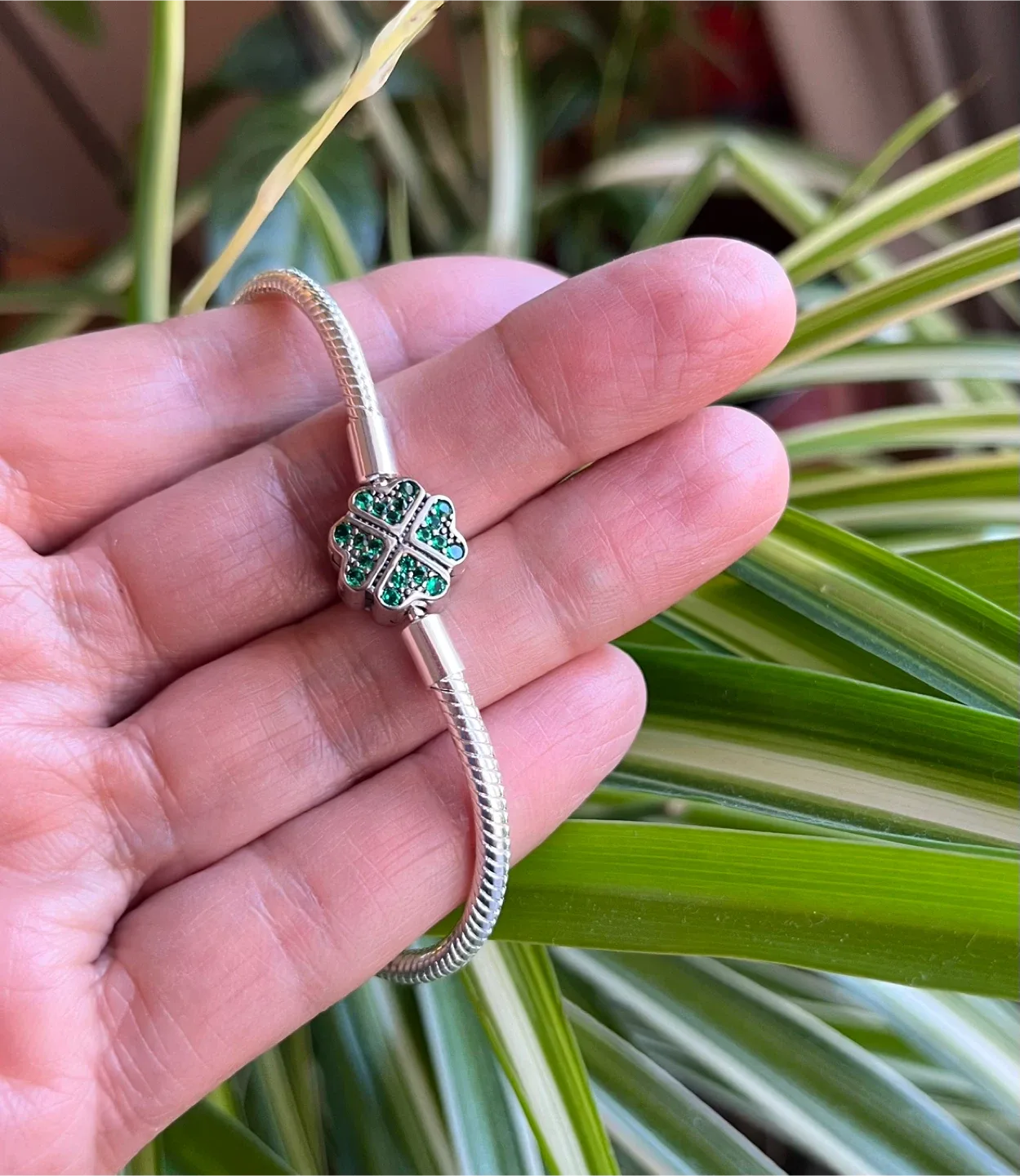 Pandora style Silver plated Bracelet with Clover Charm thumbnail