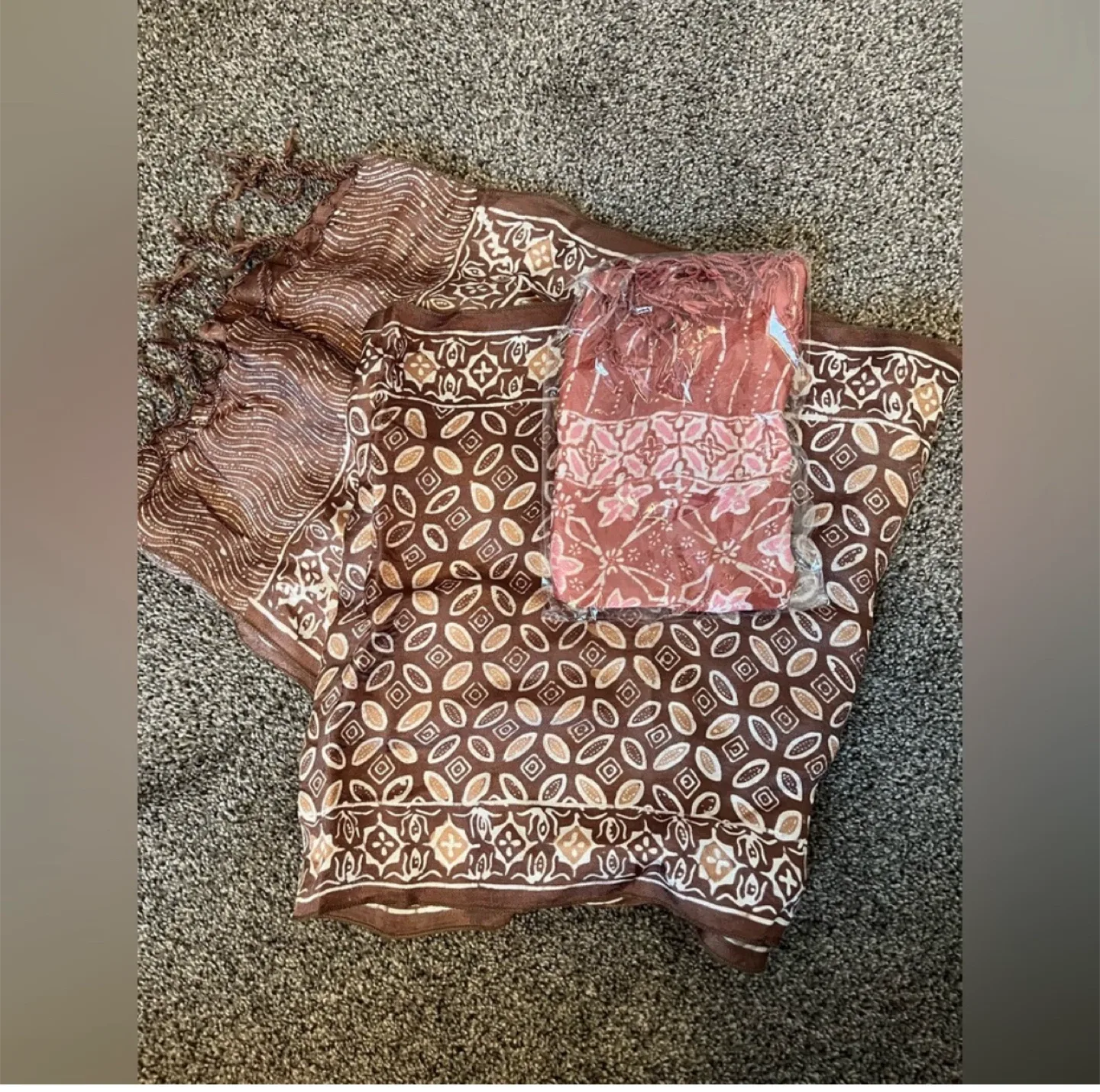 Two Brown Patterned Scarf with Tassels