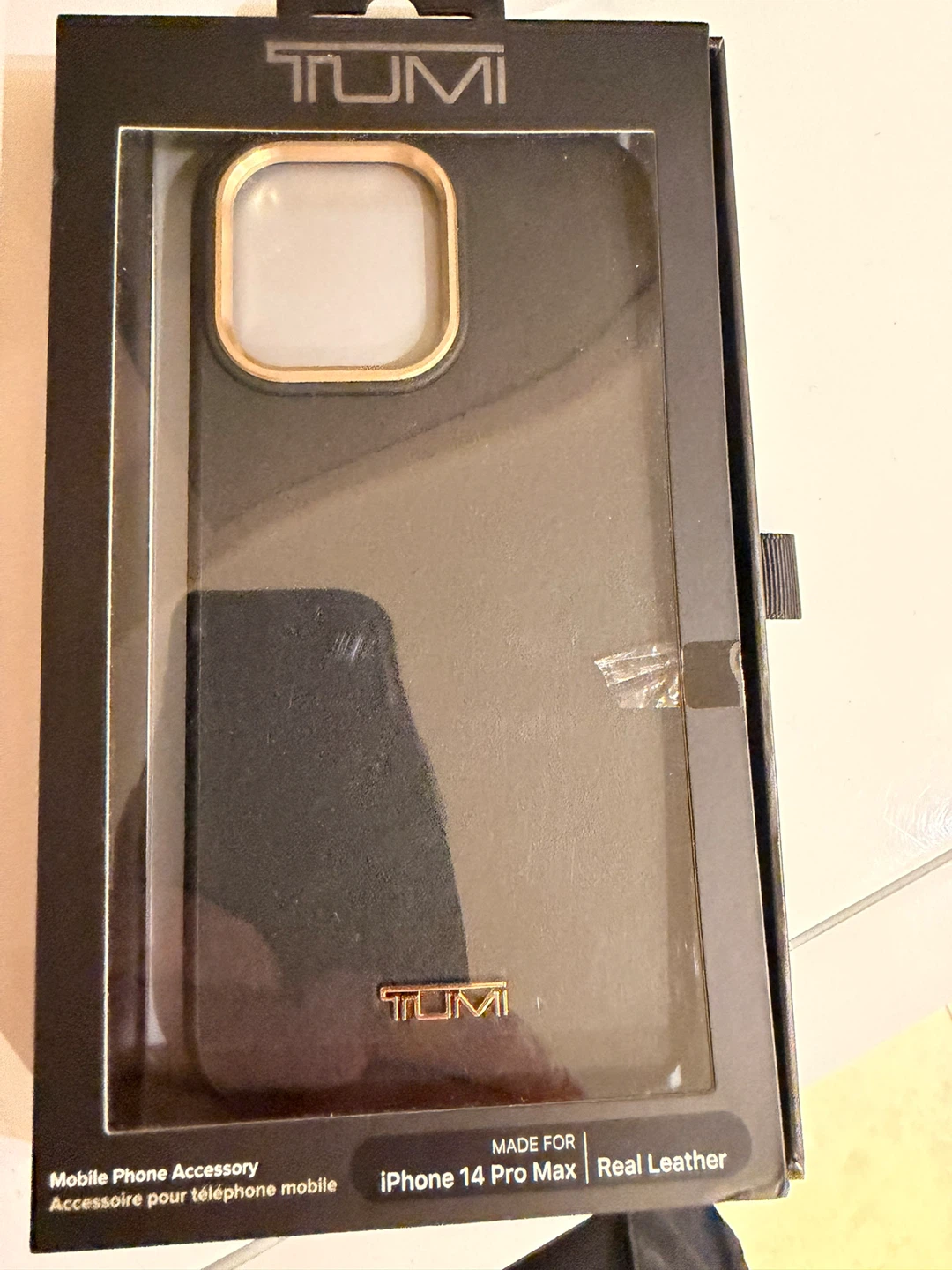 TUMI iPhone 14 Pro Max Black/Gold Leather Case - New!
