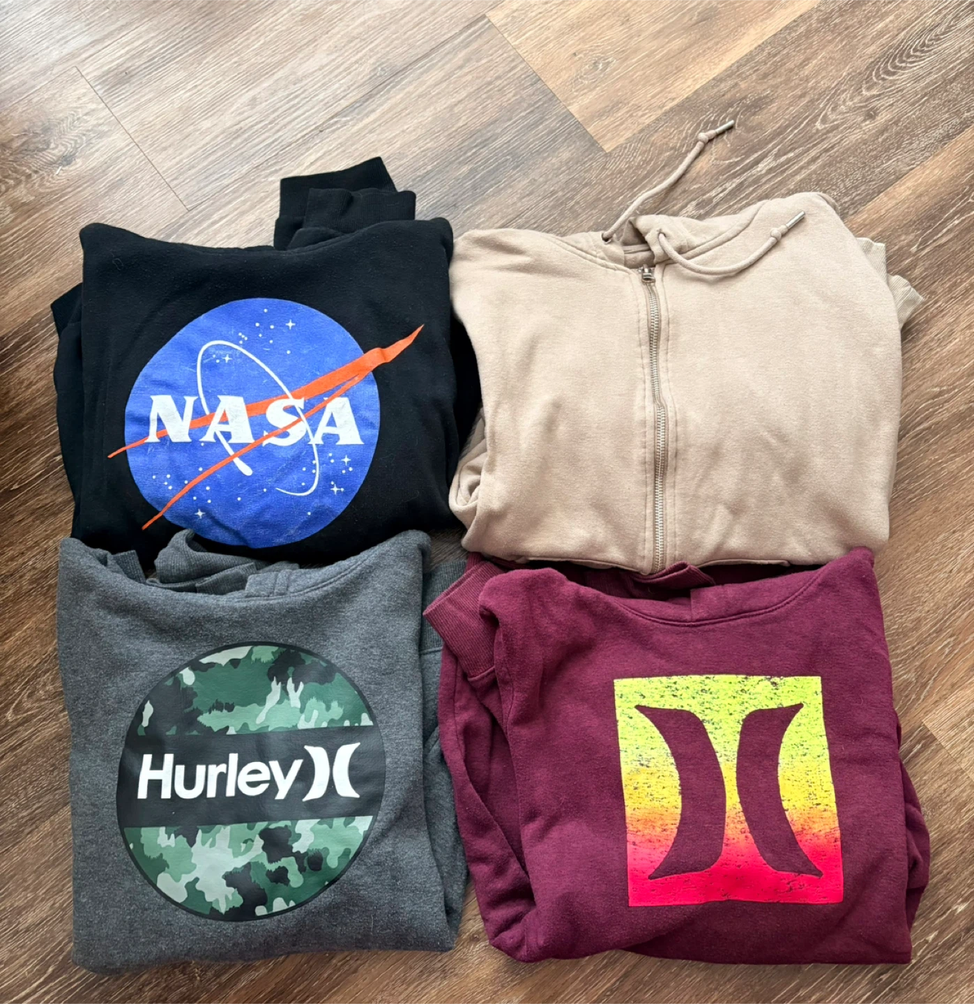 Assorted Hoodies: NASA, Hurley, Beige Zip-up