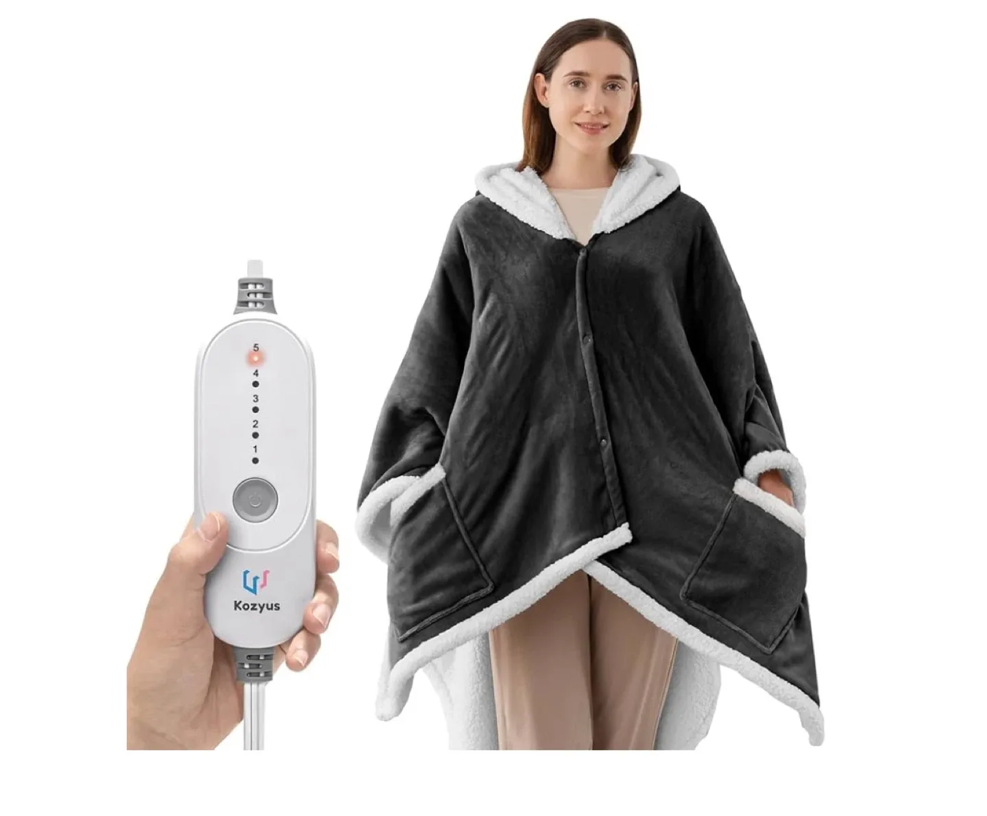 Kozyus Heated Blanket Hoodie - Grey, Flannel Fleece image indicator(2)