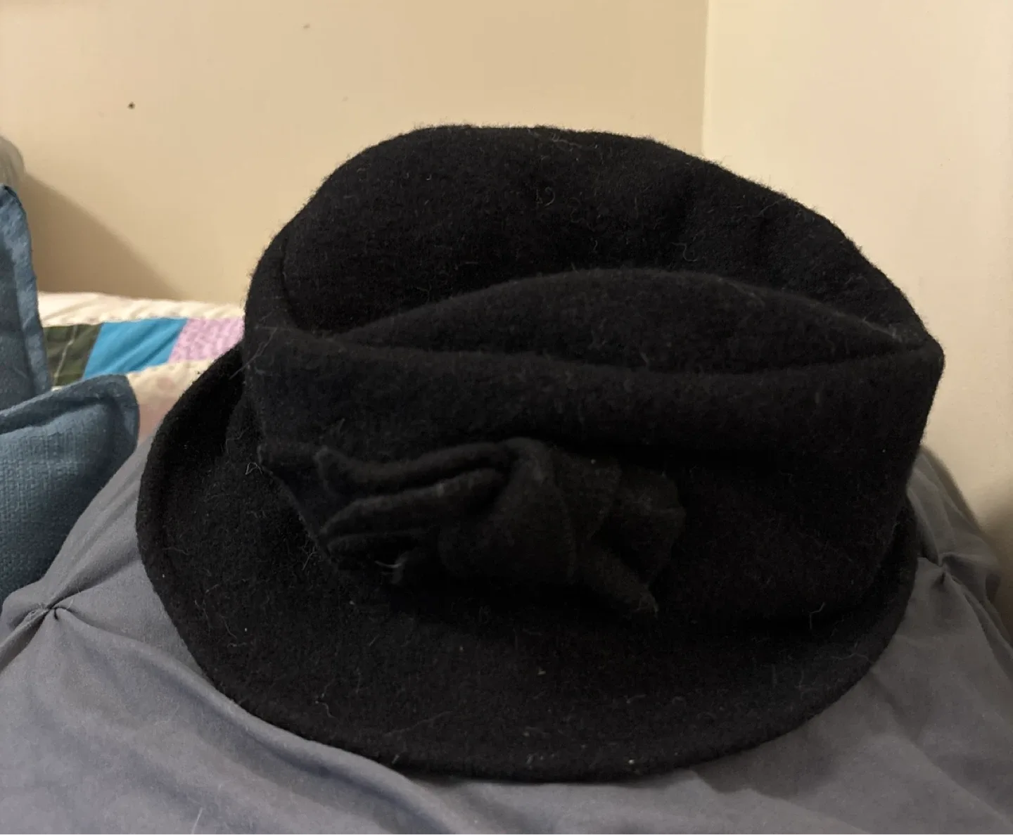 Black Wool Hat with Flower Detail thumbnail
