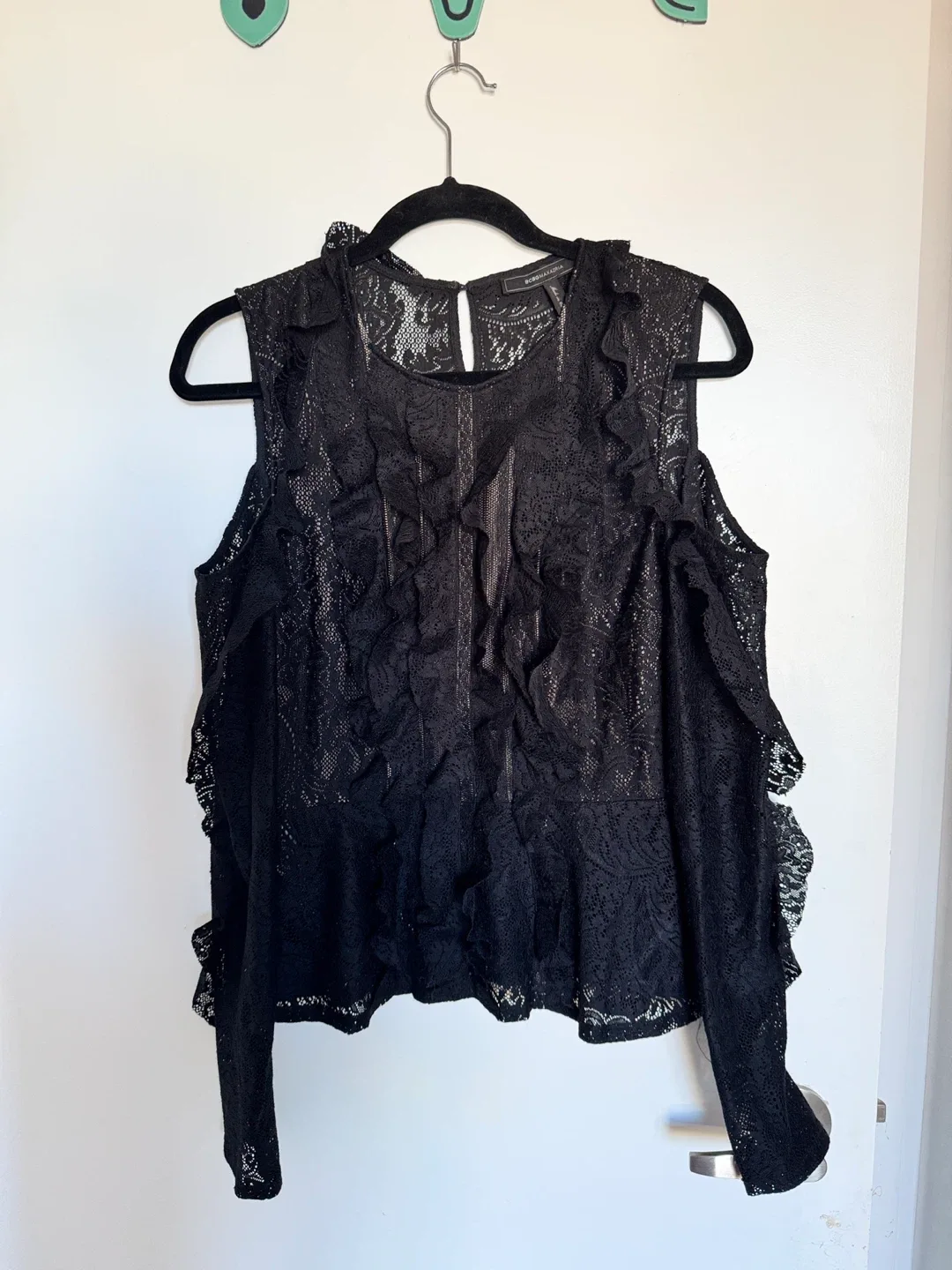 BCBGMAXAZRIA Black Lace Ruffle Top - Size M image indicator(4)