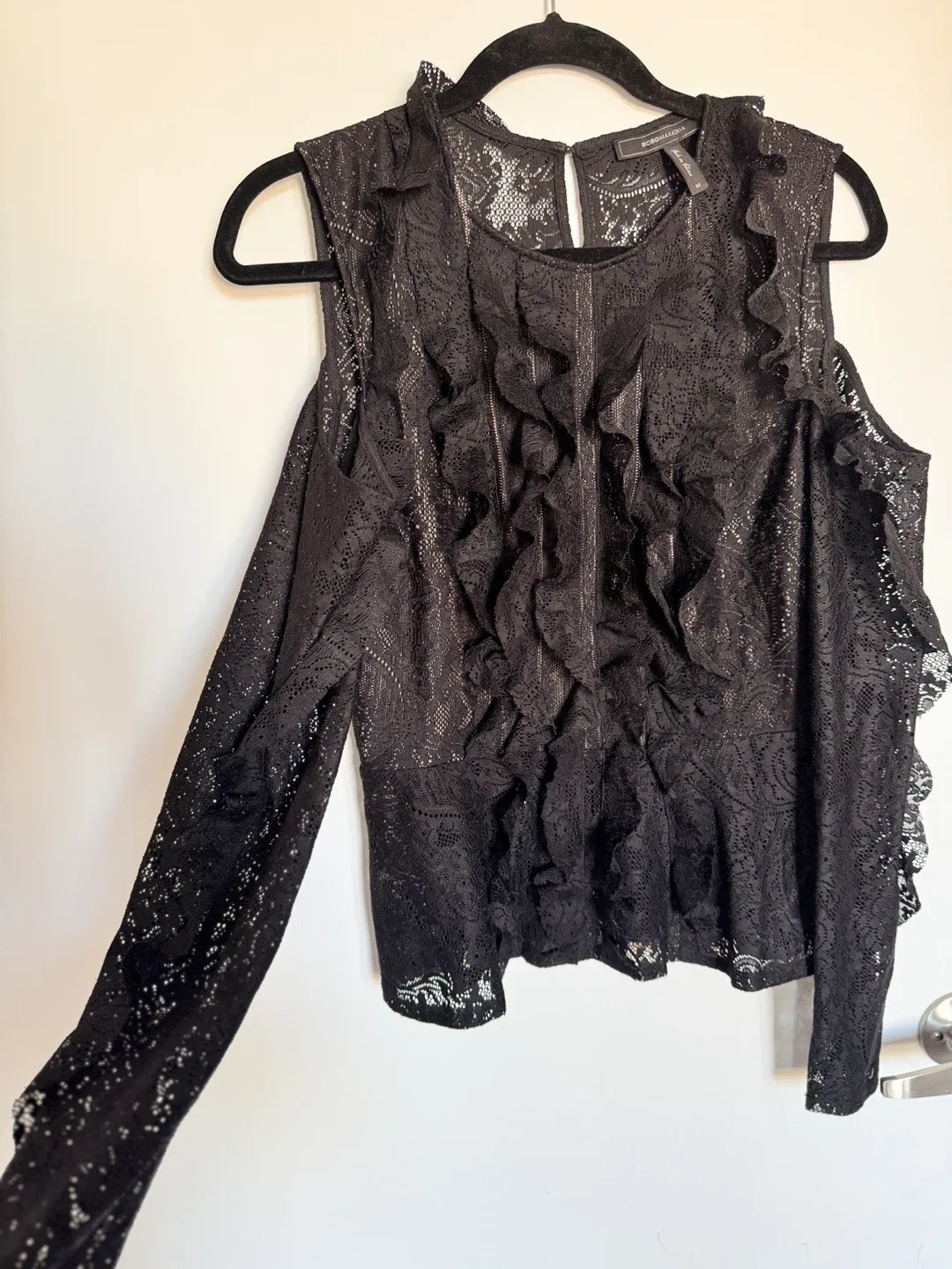 BCBGMAXAZRIA Black Lace Ruffle Top - Size M thumbnail