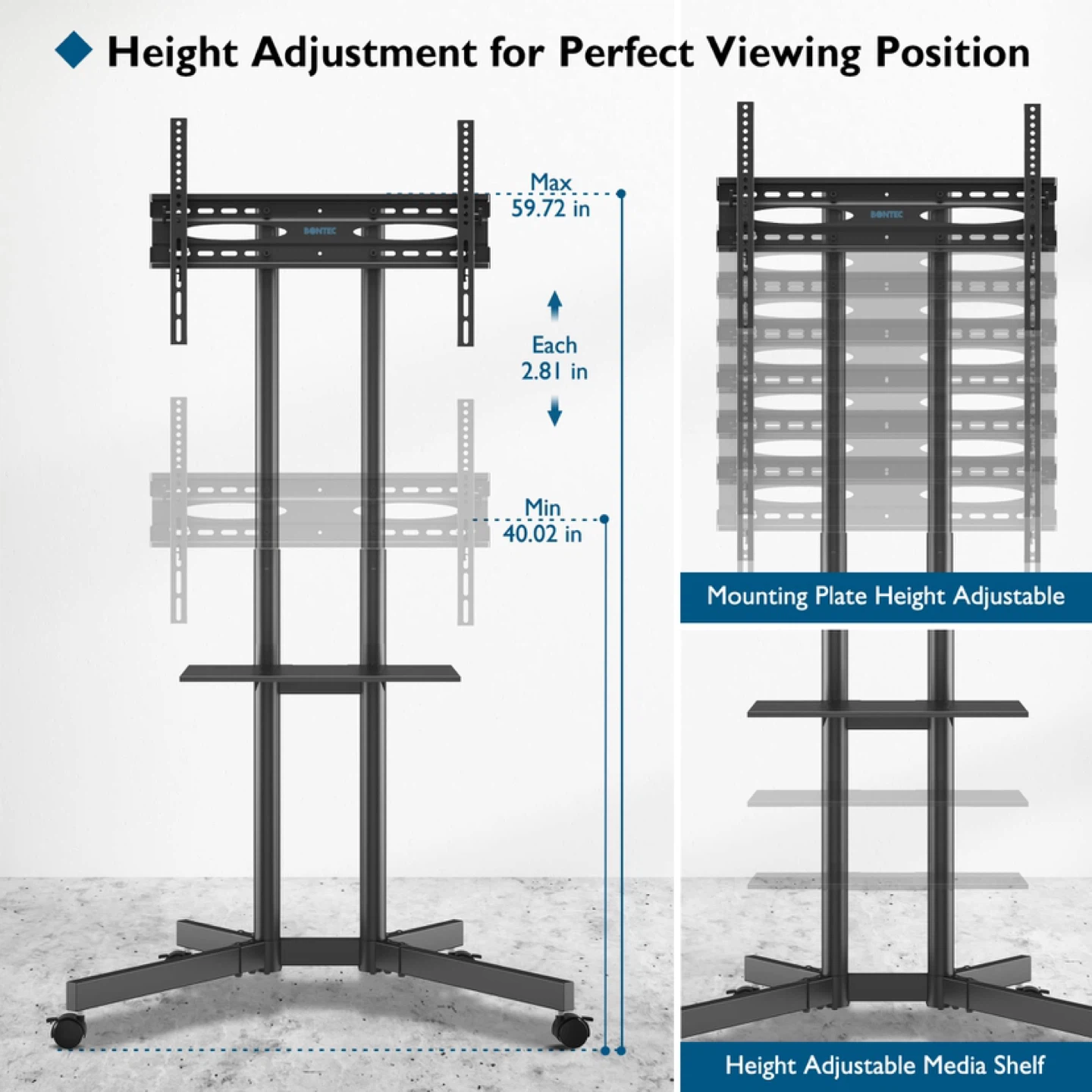 BONTEC Height Adjustable Mobile TV Cart, Tilt Rolling - photo 3