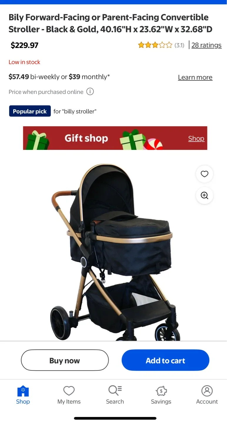 Bily Convertible Stroller - Black & Gold thumbnail