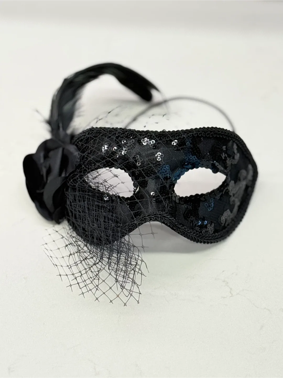 Black Masquerade Mask with Rose & Feather thumbnail