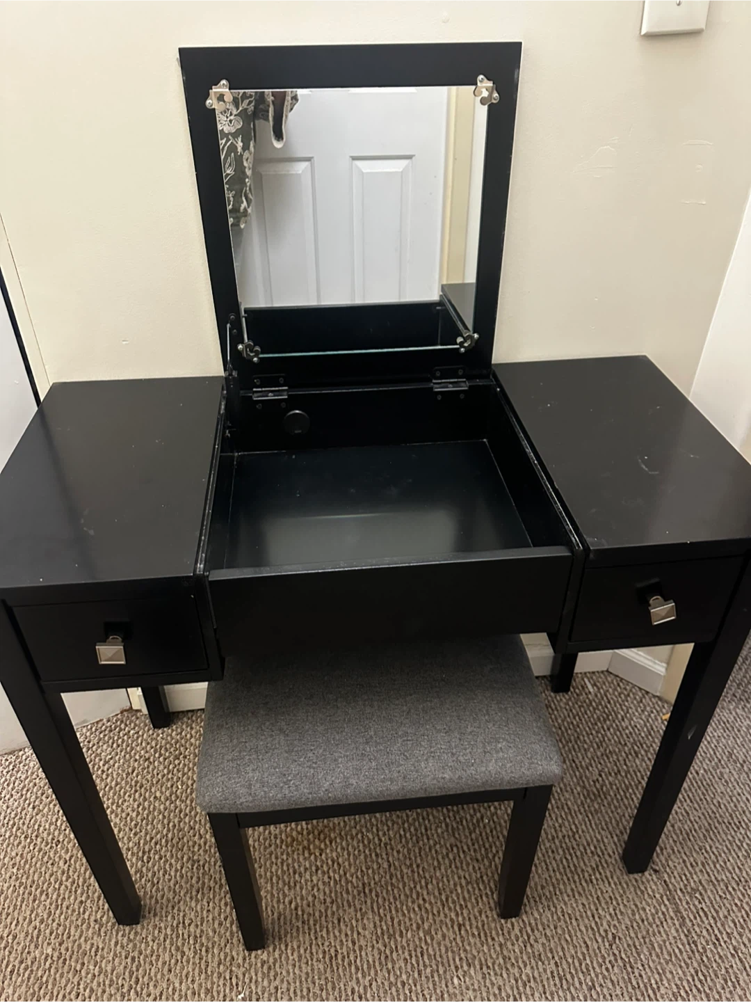 Black Vanity Table with Mirror & Stool