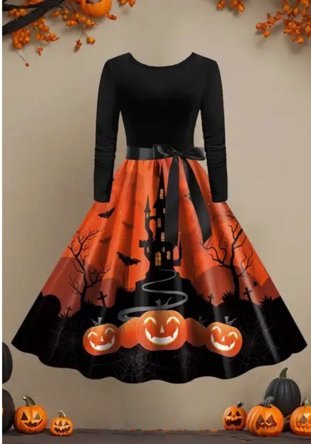 Halloween Print Long Sleeve Dress image indicator(2)