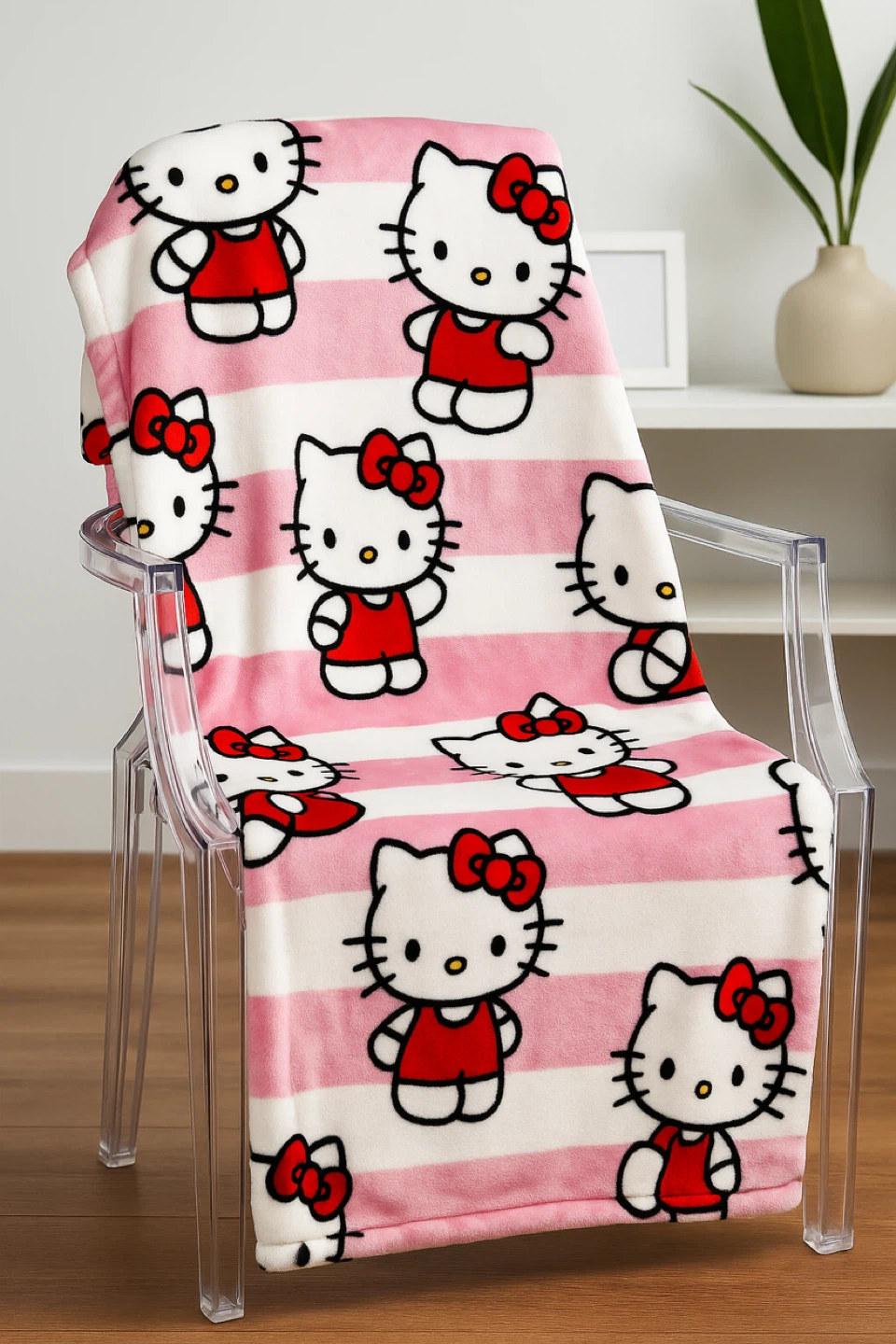 Hello Kitty Throw Blanket - Pink & White Stripes