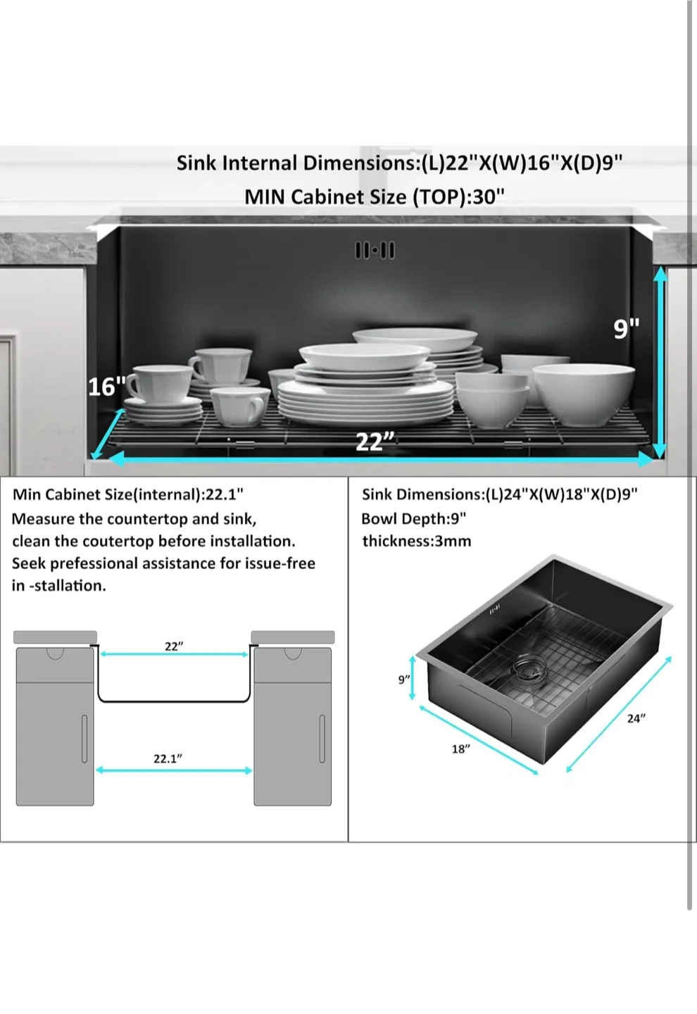 Black Undermount Kitchen Sink - 24 x 18 inch image indicator(3)
