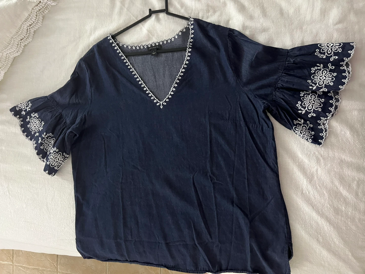 Ann Taylor Blue Embroidered Bell Sleeve Top - Size L