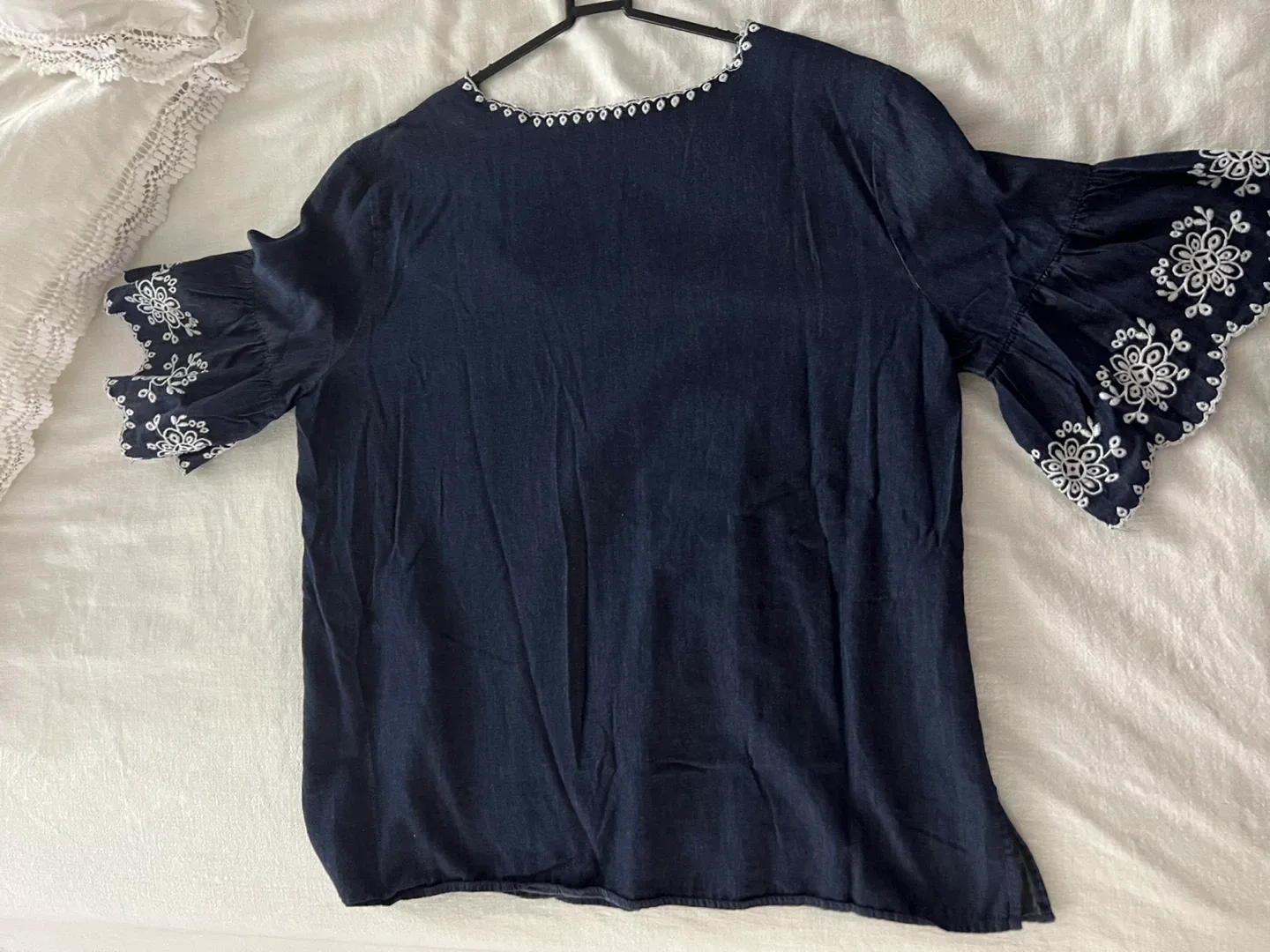 Ann Taylor Blue Embroidered Bell Sleeve Top - Size L image indicator(3)