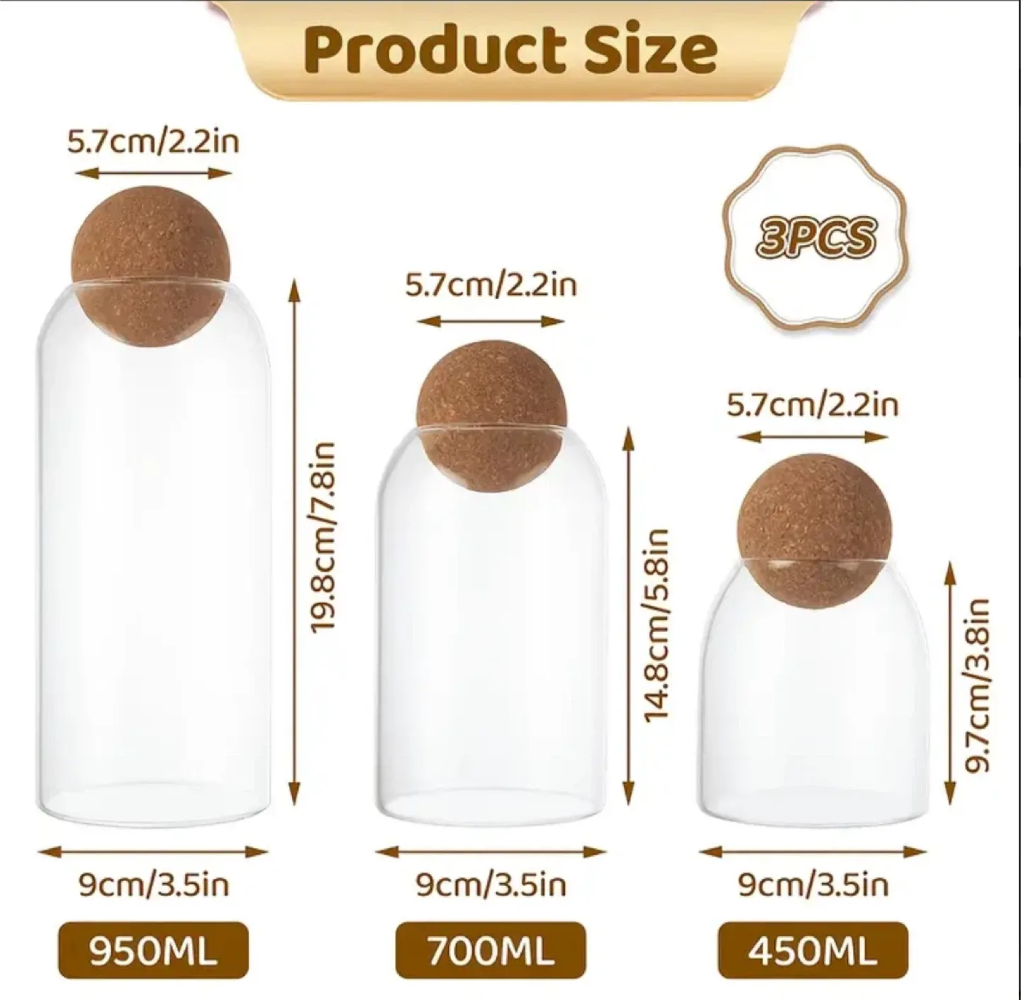3pc Glass Food Storage Jars with Cork Lids - 3 Piece Set image indicator(2)